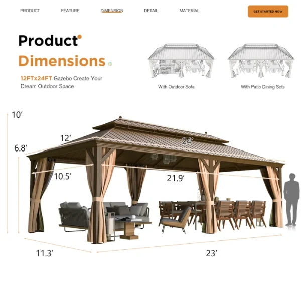 24 Ft. W x 12 Ft. D Steel Patio Gazebo - Image 3